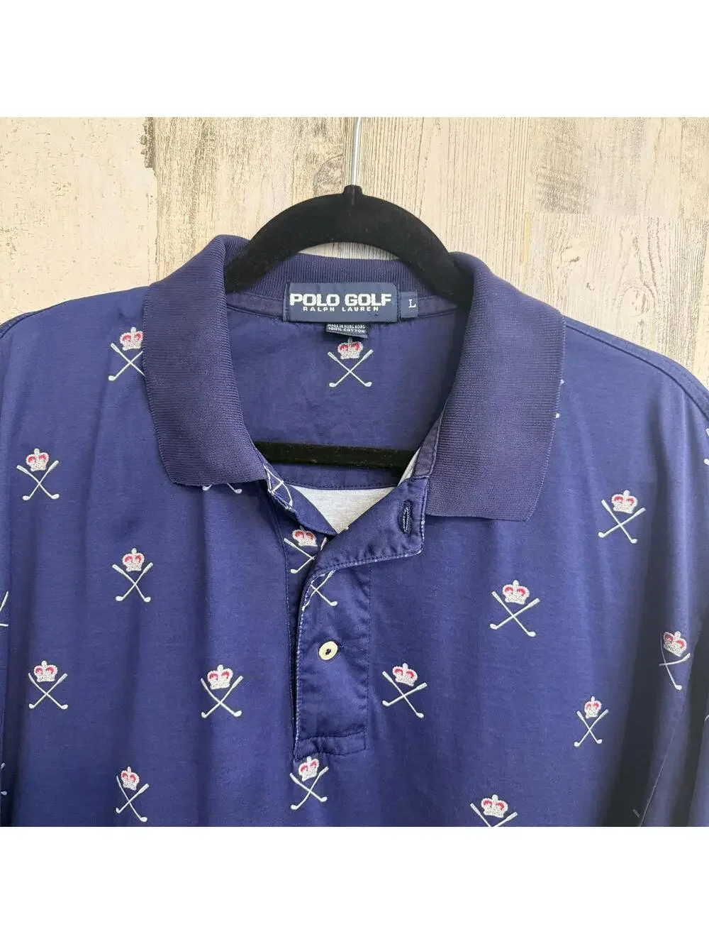 Vintage Polo Golf Ralph Lauren Men's Large Crown Clubs Shirt Missing Top Button